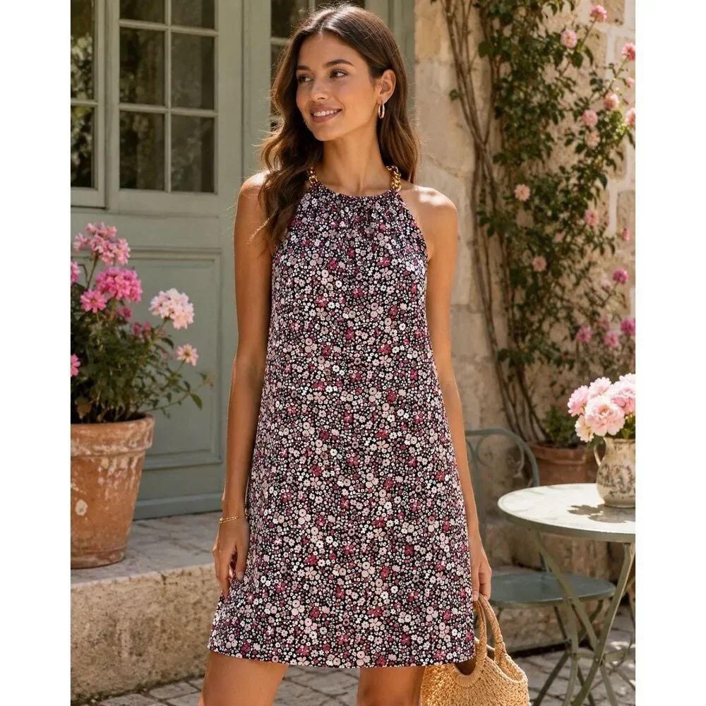 Micheal Kors Halter Sleeveless Floral Jersey Dress Women Size XS Wedding Guest